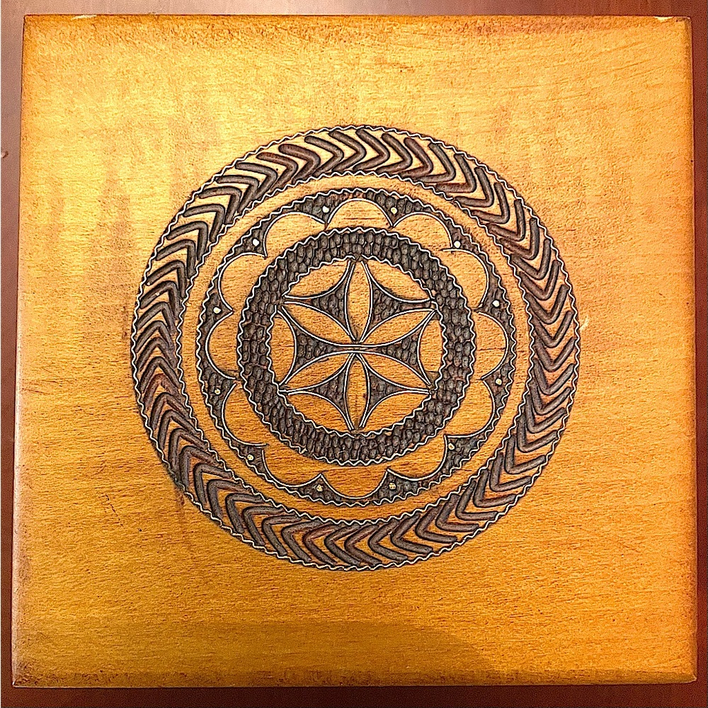 Square trinket/keepsake wooden box fr Poland, w intricate, hand-carved folk art